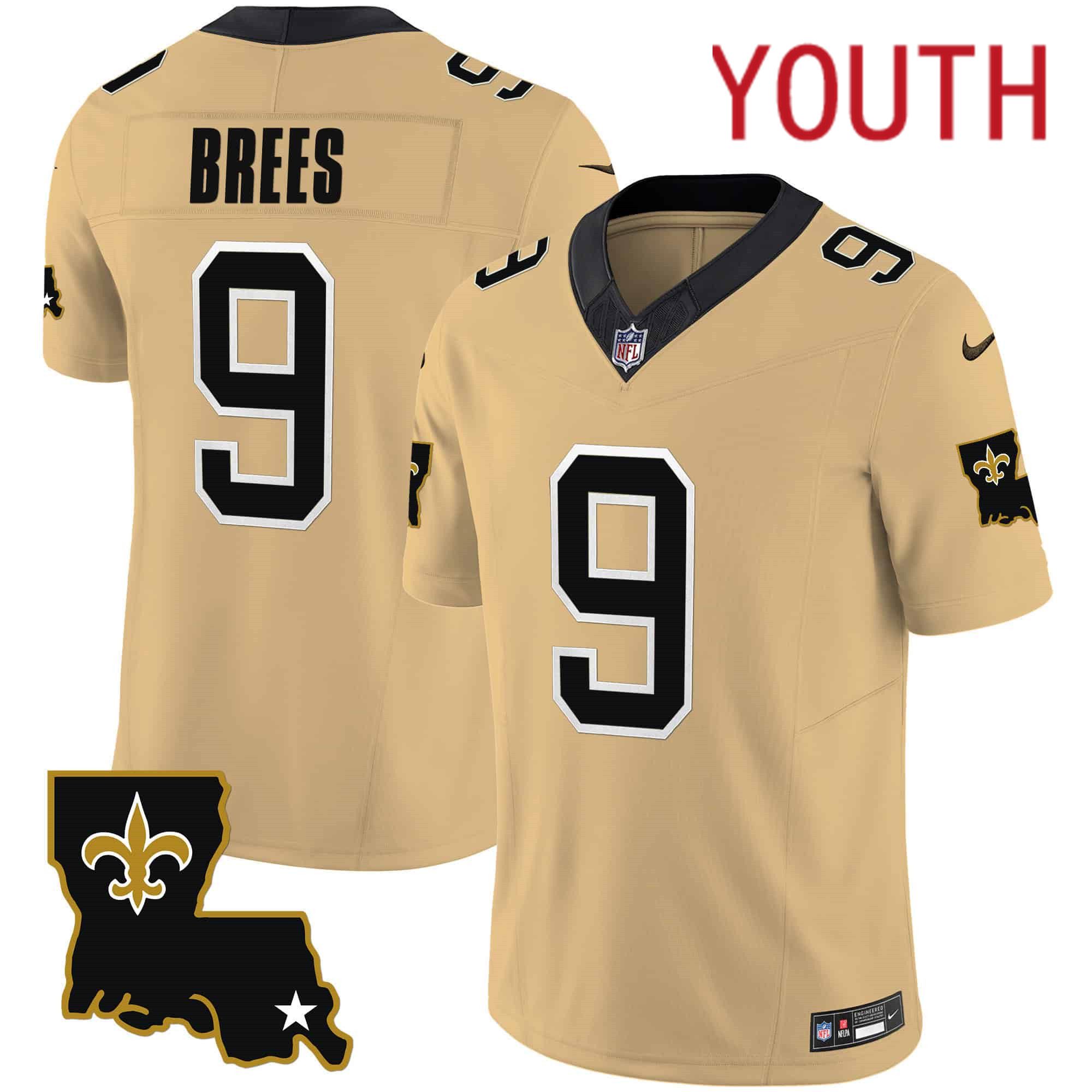 Youth New Orleans Saints #9 Brees Yellow 2024 Nike 1987 Legacy Vapor Limited NFL Jersey